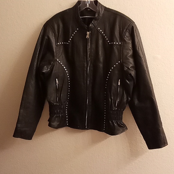 VINTAGE GENUINE LEATHER Matrix Biker Bomber Goth Sz 2XL Black Sliver Studs CG - Picture 1 of 15